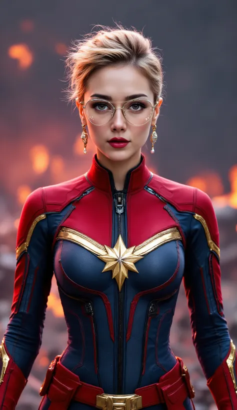 Captain marvel pixie short hair stylish epic pose on scene, earings and gold frame of glasses, hyper HD, Masterpiece, Textured skin, 4K, Best quality, happy vibes beauty smile