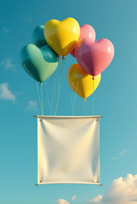 “Very clear, high-resolution images.  Beautiful clear blue sky in the background. Two big colorful round colorful balloons or smile balloons, The balloon is floating in the air(A very round balloon, not an instrument model). A square white advertising bann...