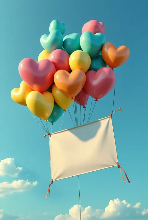 “Very clear, high-resolution images.  Beautiful clear blue sky in the background. Two big colorful round colorful balloons or smile balloons, The balloon is floating in the air(A very round balloon, not an instrument model). A square white advertising bann...