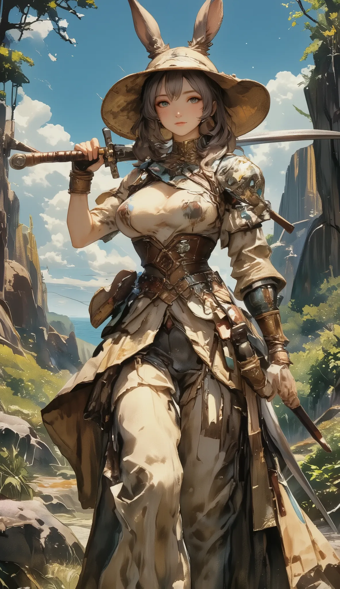 ((Picture books, animation)), Top quality, watercolor, pastel, hand-drawn dream world, watercolor smudges, thick outlines, turn everyday life into a page of a picture book, a tale of Final fantasy XIV, animation, one sexy busty Viera women, a scene from th...