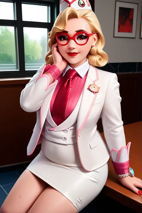 score_9, score_8_up, score_7_up, 1girl, sprinkles mei, mei (overwatch), three-piece suit, 1girl, solo, blonde hair, glasses, sprinkles mei, smile, pretty, formal, jewelry, (((white skirt suit))), (((red silk necktie))), earrings, (((white jacket))), (((pi...