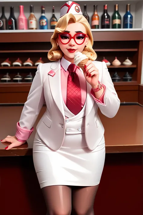 score_9, score_8_up, score_7_up, 1girl, sprinkles mei, mei (overwatch), three-piece suit, 1girl, solo, blonde hair, glasses, sprinkles mei, smile, pretty, formal, jewelry, (((white skirt suit))), (((red silk necktie))), earrings, (((white jacket))), (((pi...