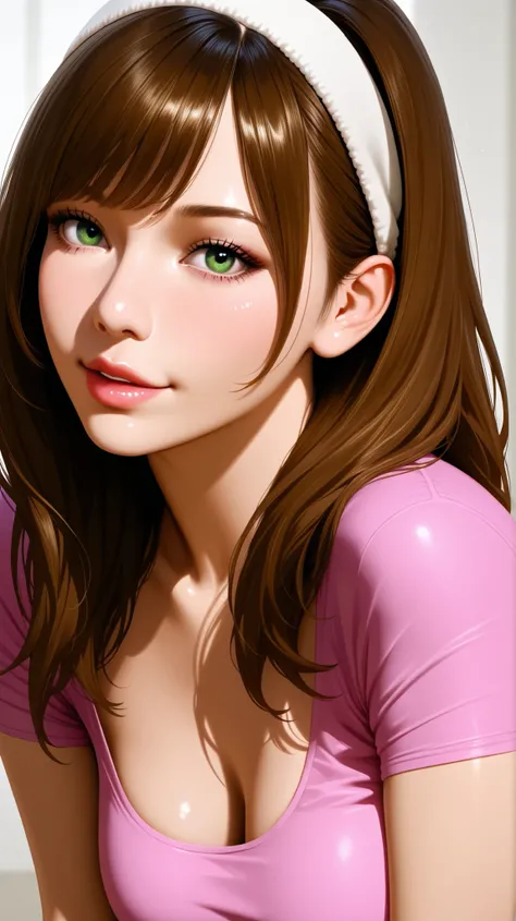 A beautiful adult woman with long brown haired with full-spiky bangs, beautiful green eyes, medium chest, wear white hairband, wear a tight pink shirt with scoop neck and short-sleeved, dynamic naughty pose, portrait, front-face view, realistic