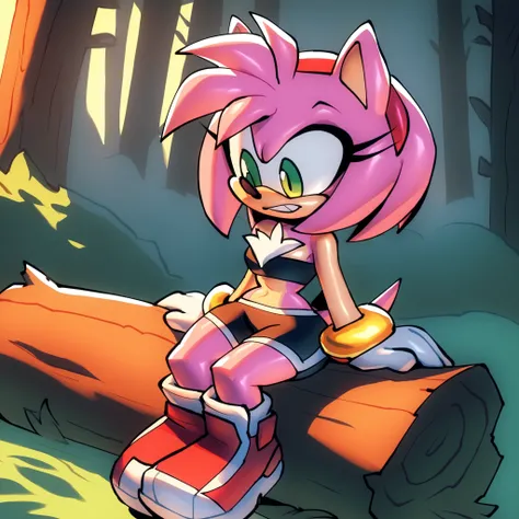 Daughter of Shadow the Hedgehog and Amy Rose, (Bigdad/character), pink fur, pinkish red stripes, female, ((short hair/quills)), quills held in a ponytail, black tube top, black yoga shorts, white chest fluff, solo, sitting, forest, on a log, fuzzy fur, oc