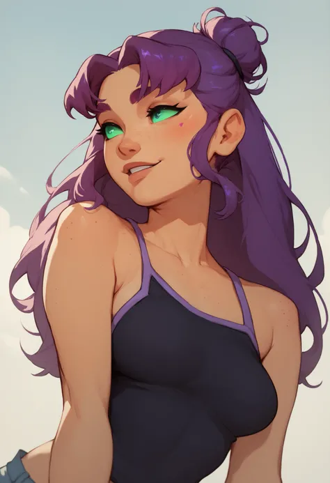 one single woman, starfire look alike, shor hair, single bun, light blue eyes, purple hair, purple skin, freckles, face marks, black clothes, little clothing, medium breasts,