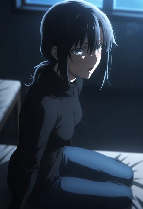 masterpiece, best quality, amazing quality, highres, absurdres, very aesthetic, high resolution, ultra detailed, perfect details, midnight,  , indoors, ufotable style, from side, blue hour, from above, (lens flare, blurry background, ), backlight, portrait...