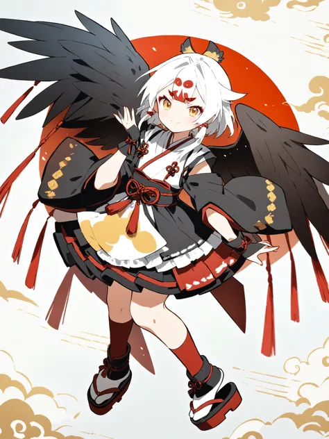 (anime:1.2),one girl、cute、Tengu girl、Sky Dog Decoration、tengu costume 、Tengu clogs、Tengu no Tsubasa、Red and black wings 、Red eyebrows、yellow porn、turime,boyish、red gradient on white hair