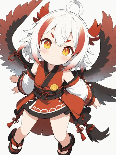 (anime:1.2),one girl、cute、Tengu girl、Sky Dog Decoration、tengu costume 、Tengu clogs、Tengu no Tsubasa、Red and black wings 、Red eyebrows、yellow porn、turime,boyish、red gradient on white hair