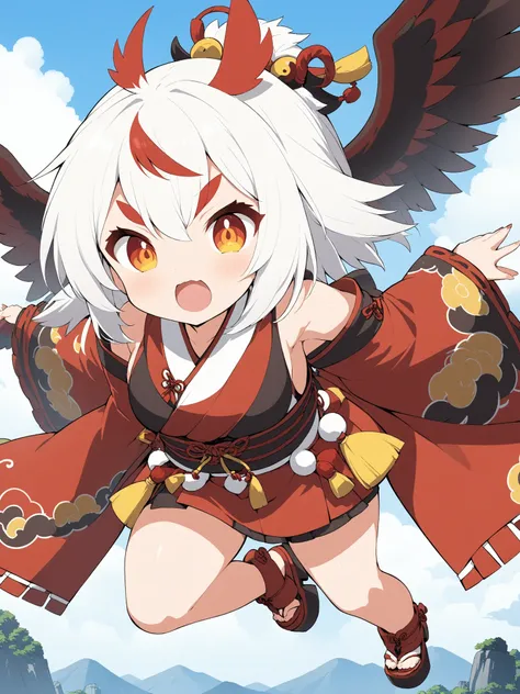 (anime:1.2),one girl、cute、Tengu girl、Sky Dog Decoration、tengu costume 、Tengu clogs、Tengu no Tsubasa、Red and black wings 、Red eyebrows、yellow porn、turime,boyish、red gradient on white hair