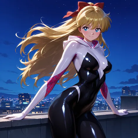masterpiece, amazing quality, best quality, ultra-detailed, 8K, illustration, clear skin, ultra-detailed-eyes, soft skin, very awa, very as2, shiny skin, shiny hair, soft body, 90's style, official art, minako aino, blonde hair, blue eyes, hair bow, half u...