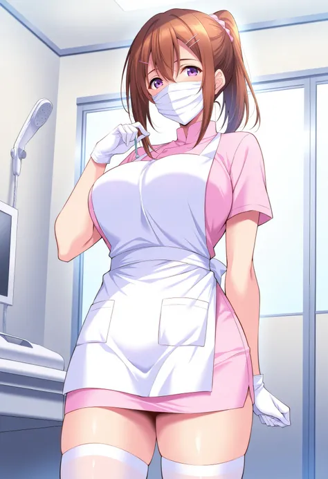 Score_9, score_8_up, score_7_up, source_anime, Sakurakawa_Ayana, 1girl, solo, brown hair, large breasts, ponytail, hair ornament, hairclip, purple eyes, shiny hair, hair between eyes, (best quality), (high quality), {masterpiece}, extremely delicate and be...