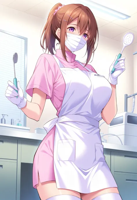 Score_9, score_8_up, score_7_up, source_anime, Sakurakawa_Ayana, 1girl, solo, brown hair, large breasts, ponytail, hair ornament, hairclip, purple eyes, shiny hair, hair between eyes, (best quality), (high quality), {masterpiece}, extremely delicate and be...