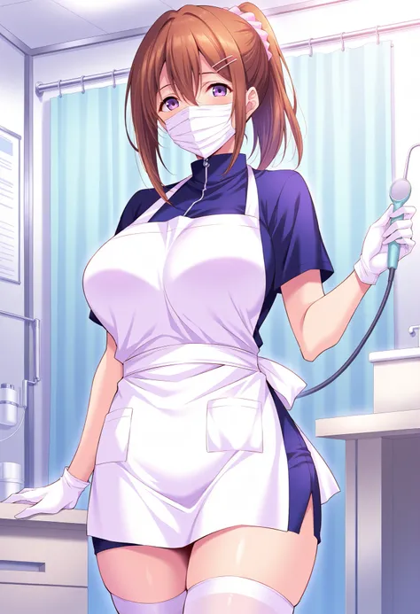 Score_9, score_8_up, score_7_up, source_anime, Sakurakawa_Ayana, 1girl, solo, brown hair, large breasts, ponytail, hair ornament, hairclip, purple eyes, shiny hair, hair between eyes, (best quality), (high quality), {masterpiece}, extremely delicate and be...