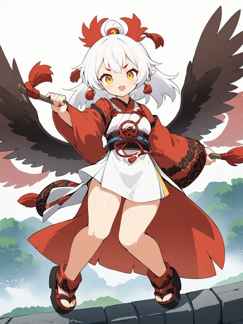 (anime:1.2),one girl、cute、Tengu girl、Sky Dog Decoration、tengu costume 、Tengu clogs、Tengu no Tsubasa、Red and black wings 、Red eyebrows、yellow porn、turime,boyish、red gradient on white hair