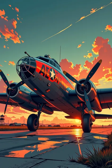 Create a vibrant 1940s pin-up style illustration depicting an old airport runway at dusk from a side view. A B-17 Flying Fortress, with the AESA logo on its fuselage and wings, dominates the weathered concrete runway, with a rustic control tower in the bac...