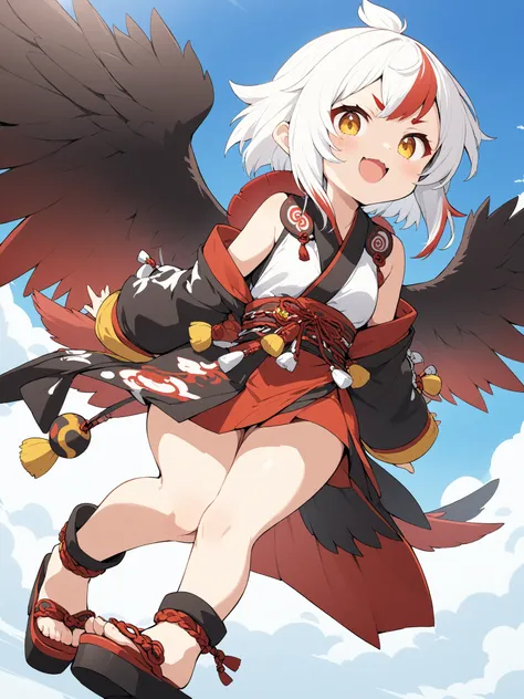 one girl、cute、Tengu girl、Sky Dog Decoration、tengu costume 、Tengu clogs、Tengu no Tsubasa、Red and black wings 、Red eyebrows、yellow porn、turime,boyish、red gradient on white hair