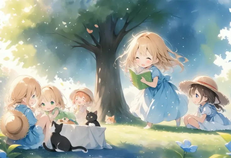 Picture book touch、Illusory World Drawn、Watercolor Smudges、thick outline、watercolor、catと戯れる少女、sunshine、Straw Hat、cat、 Compa、Playing Under One Big Tree