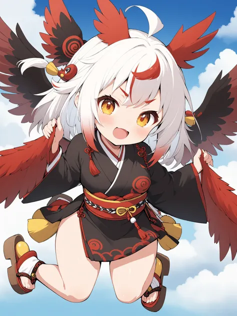 one girl、cute、Tengu girl、Sky Dog Decoration、tengu costume 、Tengu clogs、Tengu no Tsubasa、Red and black wings 、Red eyebrows、yellow porn、turime,boyish、red gradient on white hair