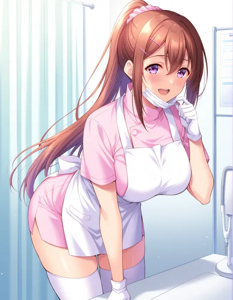 Score_9, score_8_up, score_7_up, source_anime, Sakurakawa_Ayana, 1girl, solo, brown hair, large breasts, long ponytail, hair ornament, hairclip, purple eyes, shiny hair, hair between eyes, (best quality), (high quality), {masterpiece}, extremely delicate a...