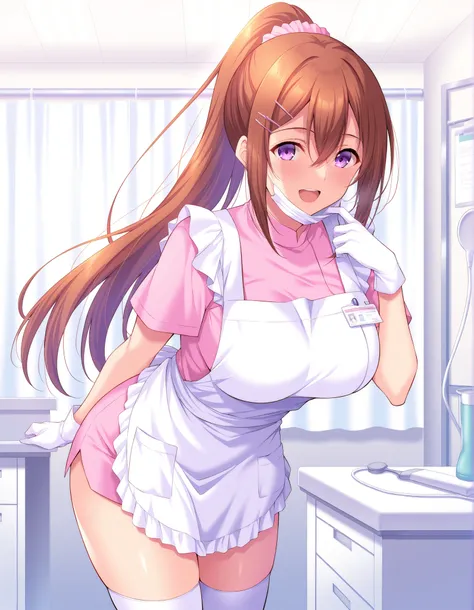 Score_9, score_8_up, score_7_up, source_anime, Sakurakawa_Ayana, 1girl, solo, brown hair, large breasts, long ponytail, hair ornament, hairclip, purple eyes, shiny hair, hair between eyes, (best quality), (high quality), {masterpiece}, extremely delicate a...