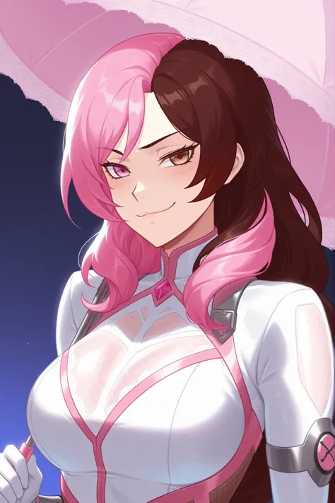 master piece, high quality, 4k uhd,hires, source_anime, neopolitan from rwby, looking at viewer,pink two tone hair, pink and brown eyes heterochromia, smug, short, universal lighting, short body, brown and white taimanin bodysuit with pink_lining, white an...