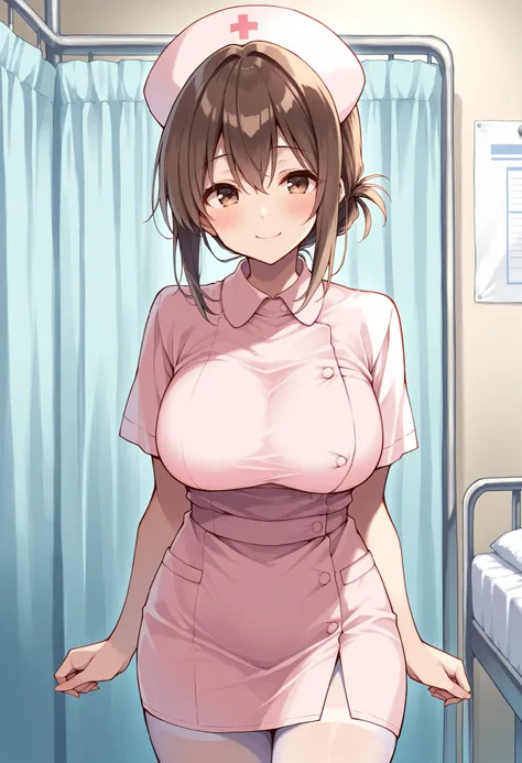 Score_9, score_8_up, score_7_up, source_anime, akagimio, solo, brown hair, brown eyes, (best quality), (high quality), {masterpiece}, extremely delicate and beautiful, ultra-detailed, beautiful detailed eyes, nurse, nurse cap, pink dress, short sleeves, wh...