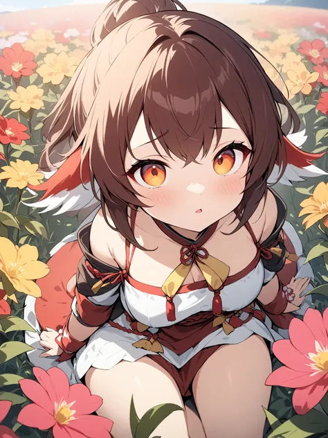 Tengu_girl、(masterpiece:1.2),(best quality),(best quality),(high quality),( surprisingly absurd :1.2),one girl、cute、Sitting in a field of flowers、the gesture of looking up at me