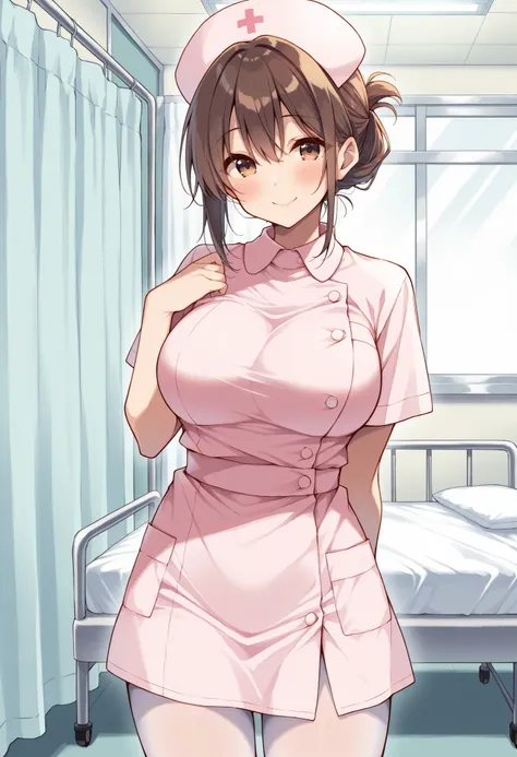 Score_9, score_8_up, score_7_up, source_anime, akagimio, solo, brown hair, brown eyes, (best quality), (high quality), {masterpiece}, extremely delicate and beautiful, ultra-detailed, beautiful detailed eyes, nurse, nurse cap, pink dress, short sleeves, wh...