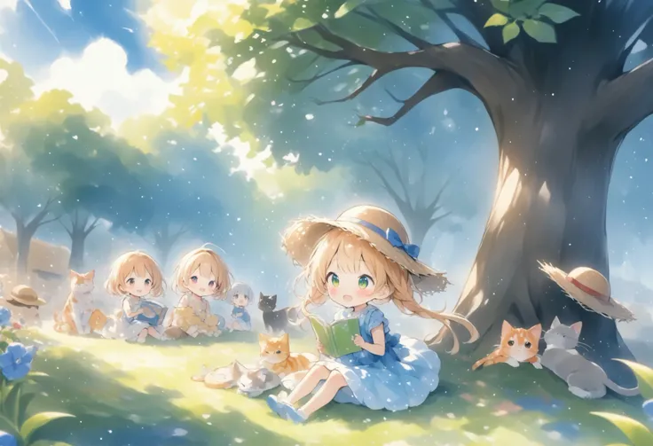 Picture book touch、Illusory World Drawn、Watercolor Smudges、thick outline、watercolor、catと戯れる少女、sunshine、Straw Hat、cat、 Compa、Playing Under One Big Tree
