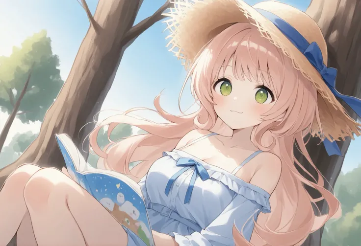 Picture book touch、Illusory World Drawn、Watercolor Smudges、thick outline、watercolor、catと戯れる少女、sunshine、Straw Hat、cat、 Compa、Playing Under One Big Tree