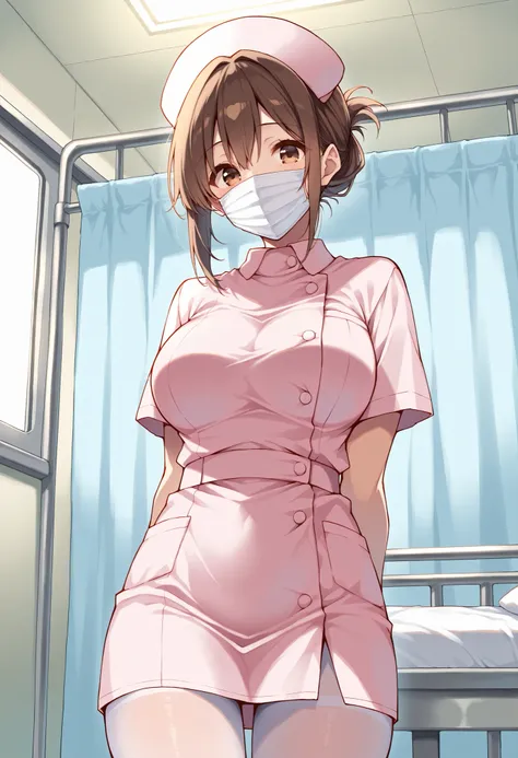 Score_9, score_8_up, score_7_up, source_anime, akagimio, solo, brown hair, brown eyes, (best quality), (high quality), {masterpiece}, extremely delicate and beautiful, ultra-detailed, beautiful detailed eyes, nurse, nurse cap, pink dress, short sleeves, wh...