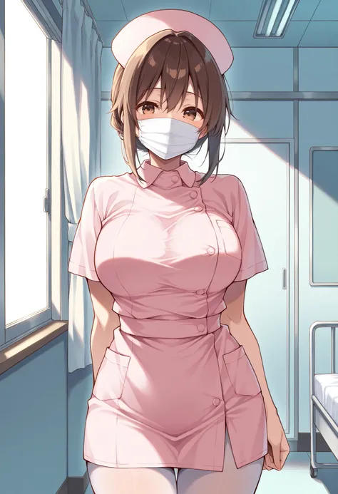 Score_9, score_8_up, score_7_up, source_anime, akagimio, solo, brown hair, brown eyes, (best quality), (high quality), {masterpiece}, extremely delicate and beautiful, ultra-detailed, beautiful detailed eyes, nurse, nurse cap, pink dress, short sleeves, wh...