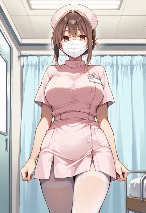 Score_9, score_8_up, score_7_up, source_anime, akagimio, solo, brown hair, brown eyes, (best quality), (high quality), {masterpiece}, extremely delicate and beautiful, ultra-detailed, beautiful detailed eyes, nurse, nurse cap, pink dress, short sleeves, wh...