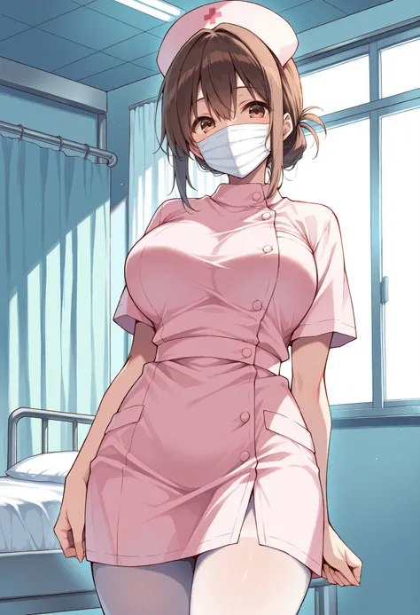 Score_9, score_8_up, score_7_up, source_anime, akagimio, solo, brown hair, brown eyes, (best quality), (high quality), {masterpiece}, extremely delicate and beautiful, ultra-detailed, beautiful detailed eyes, nurse, nurse cap, pink dress, short sleeves, wh...