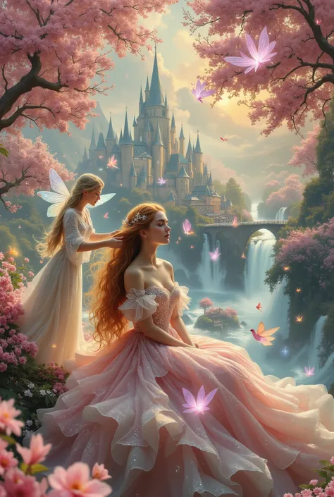 8K resolution painting, gouache style, depicting a breathtaking fairytale scene. A beautiful young woman of Slavic ethnicity, aged 18-22, with long, flowing auburn hair being gently combed by ethereal fairies, their delicate forms shimmering with iridescen...