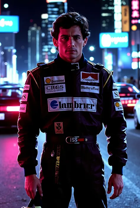 Create an anime-style illustration of Ayrton Senna, the legendary Brazilian Formula 1 driver, with accurate and recognizable facial features adapted to anime proportions. He should be standing confidently in a cyberpunk setting, surrounded by neon lights, ...