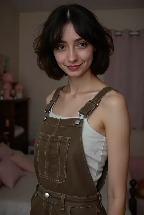 beautiful detailed photograph with Storybook Aesthetic , girl, pale skin, black brown short curly perm hair, a lock of curly hair partially covers her right eye, wearing an olive brown mechanical overall very dirty, standing in a dark dirty cover in spide...
