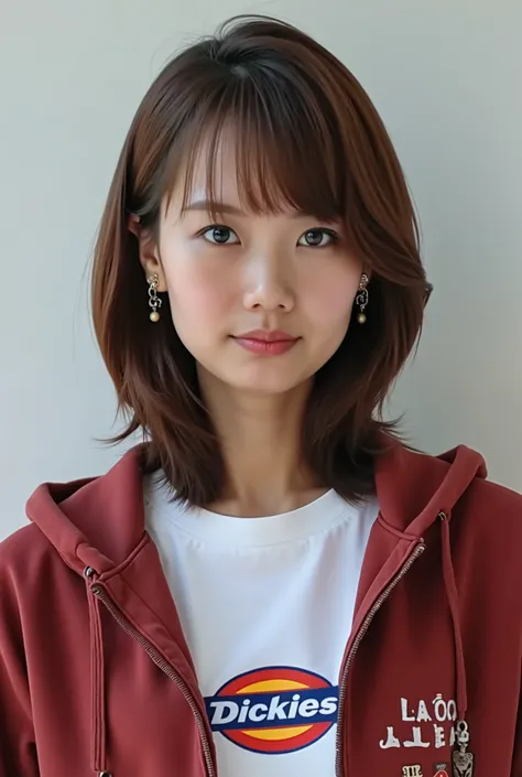 Headshot of a cute Japanese woman wearing a half zipper Champion open hoodie and a Dickies t-shirt