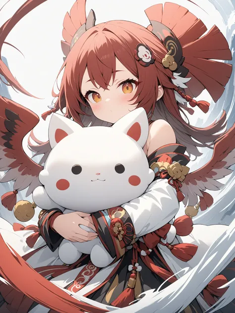 Tengu_girl、(masterpiece:1.2),high quality of wavy lines、very breathtaking、beautiful details、best image quality、((Three-dimensional works)),Hug a white plush character