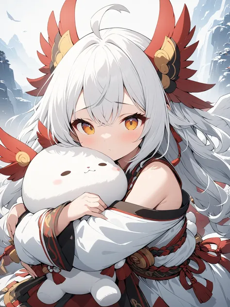 (Tengu_girl)、(masterpiece:1.2),high quality of wavy lines、very breathtaking、beautiful details、best image quality、((Three-dimensional works)),Hug a white plush character
