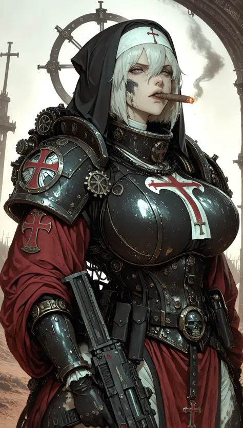 Steampunk Style, wasteland doomsday background,A Female,SOLO,Huge Oppai,(White short hair,hair between eyes),Grey eyes,Wearing A black Steampunk Heavy Armor(Shoulder Armor with holy Cross emblem),Red robe(Nun's style),((Holding A Black Cyber submachine gun...
