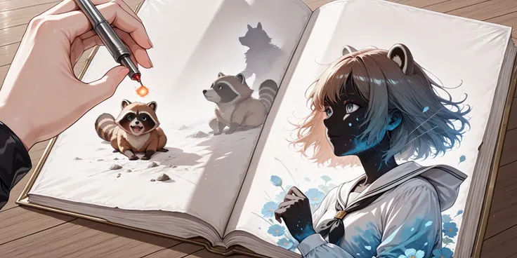 Break,(out-frame of a picture book:1.2),break,(watercolor, pastel, hand-drawn dream world, watercolor smudges, thick outlines),(1girl and 1animal,1girl is female solder ,1animal is the raccoon ) ,adventure in wonderland,wrnchexpwhimsicalvisions, silhouett...
