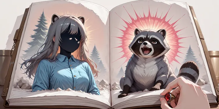 Break,(out-frame of a picture book:1.2),break,(watercolor, pastel, hand-drawn dream world, thick outlines),(1girl and 1animal,1girl is female solder ,1animal is the raccoon ) ,adventure in wonderland,wrnchexpwhimsicalvisions, silhouette, double exposure,