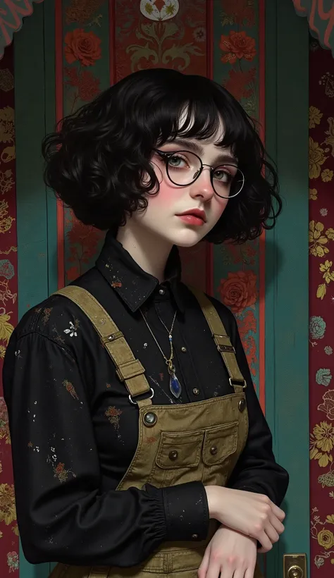 beautiful detailed photograph,  girl, pale skin, black brown short curly perm hair, a lock of curly hair partially covers her right eye, wearing an olive brown mechanical overall very dirty, standing in a dark dirty cover in spiderweb haunted 19 century li...