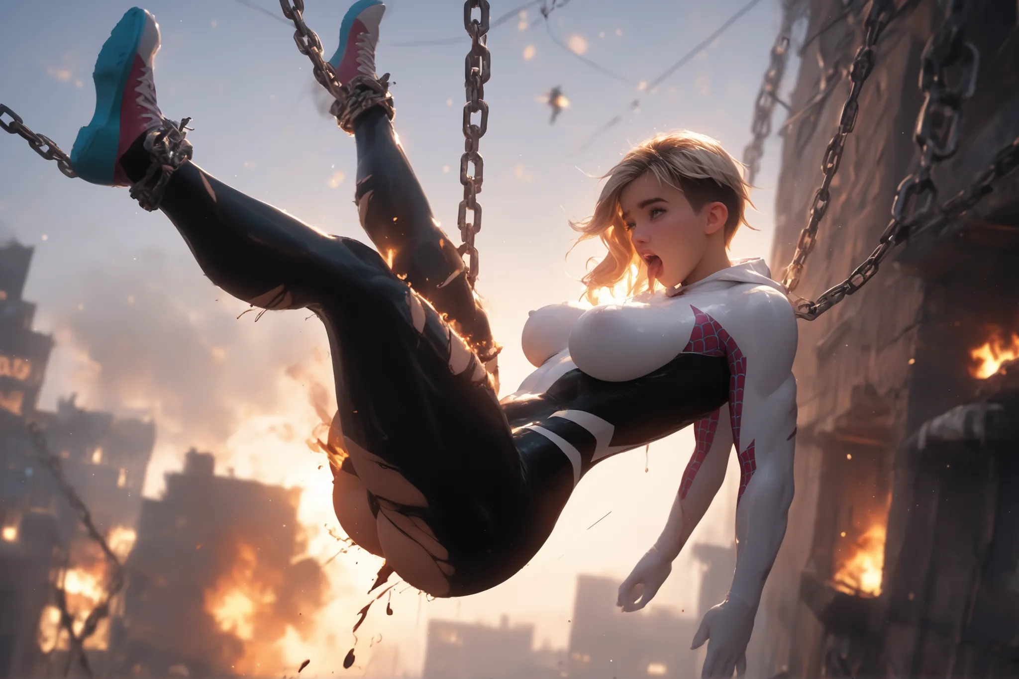 Bondage, burning, sadistic, Spider-gwen swinging on web, spinning a web between floating Barbed iron chains., beautiful face, ahegao face, baby face, wearing Spider Gwen ripped suit, big breasts, overload breasts, gigantic size breasts, wearing spider gwe...