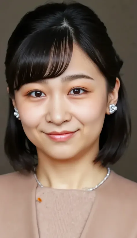 Japanese woman headshot、looking at the camera、Dark eyeshadow、 smile showing teeth、Red cheeks、ear piercing、necklace、upper body、Background is in a room、