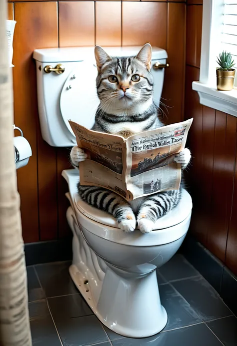 Front view angle of an American Shorthair sitting on a toilet bowl holding an English newspaper with her feet The toilet wall where I wear glasses is wood-like