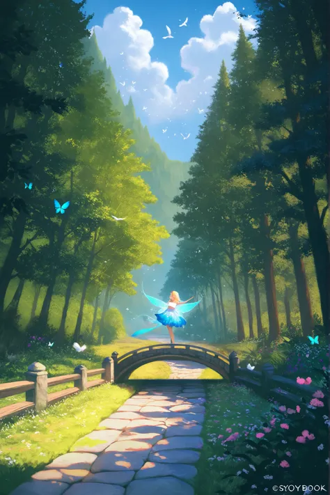storybook aesthetic, detailed fairy tale landscape, whimsical cottage in enchanted forest, stone path leading to wooden bridge over babbling brook, sunlight filtering through lush foliage, fluffy white clouds in azure sky, birds in flight, butterflies danc...