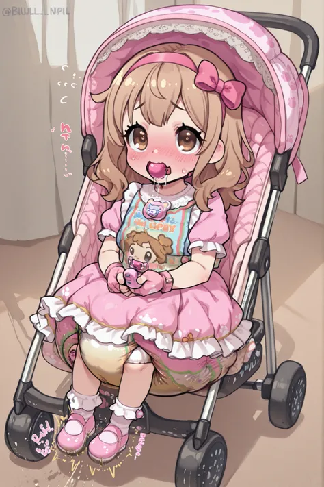 (blushing red, nervous, orgasm, open mouth, drooling:1.2), ( remote control, pov:1.4), (bulge vibrator), (((sound effect, text:1.5))), (behind , ass:1 . 2) , (Pink ball gag), (Gag in the mouth) , (Thick padded fingerless gloves on hands) , (Big Diaper Mess...