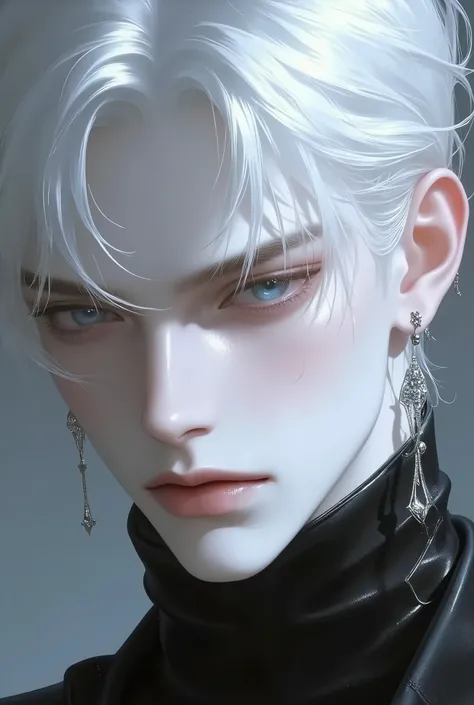 Ultra-detailed, 8k portrait, close-up, pale white hair, porcelain skin, icy blue eyes, intense gaze, soft light, high contrast, ethereal beauty, sharp jawline, turtleneck, dramatic lighting, cinematic look. Negative Prompt (very important): ugly, deformed,...